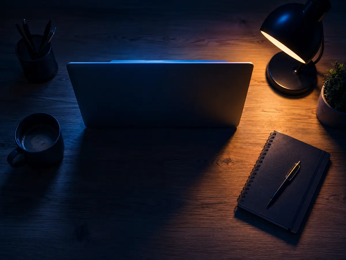 Een bureau met laptop, notitieboek en lamp bij avondlicht